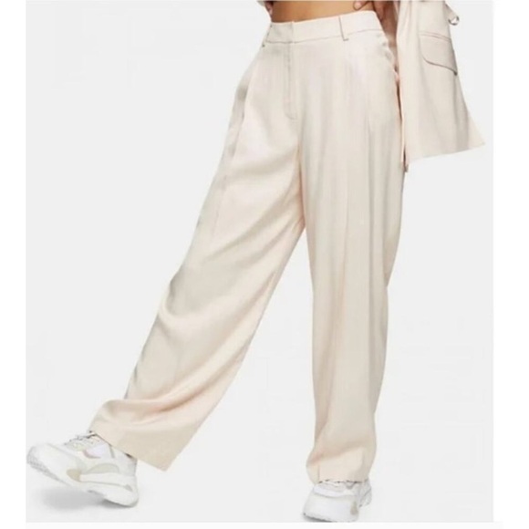 Topshop Light Sand Trousers Front Pleated Straight Leg Pants Size 12 - Picture 1 of 9